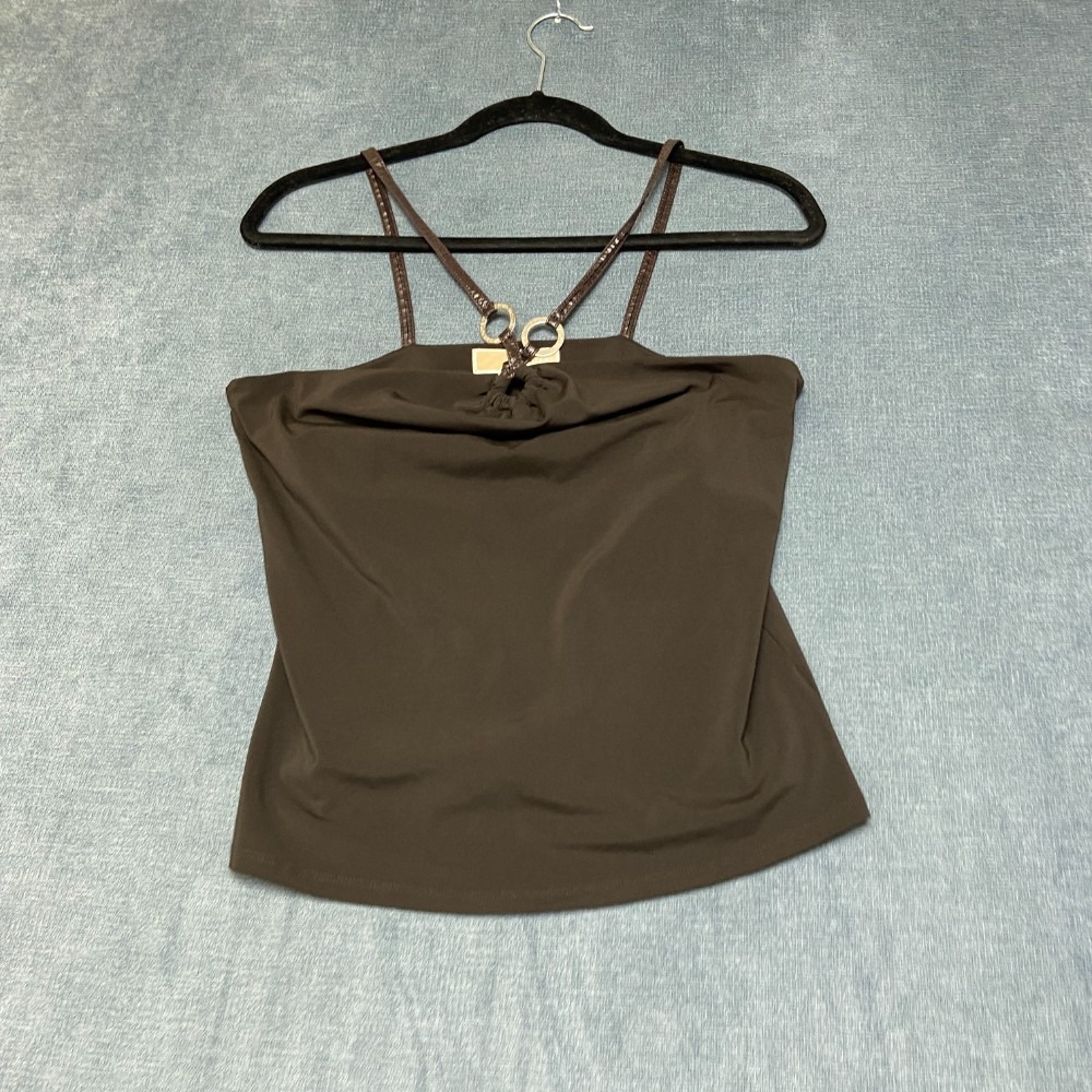 Michael Kors Cami Top Women S Brown Leather Straps Ruched Neck Trendy Party Wear